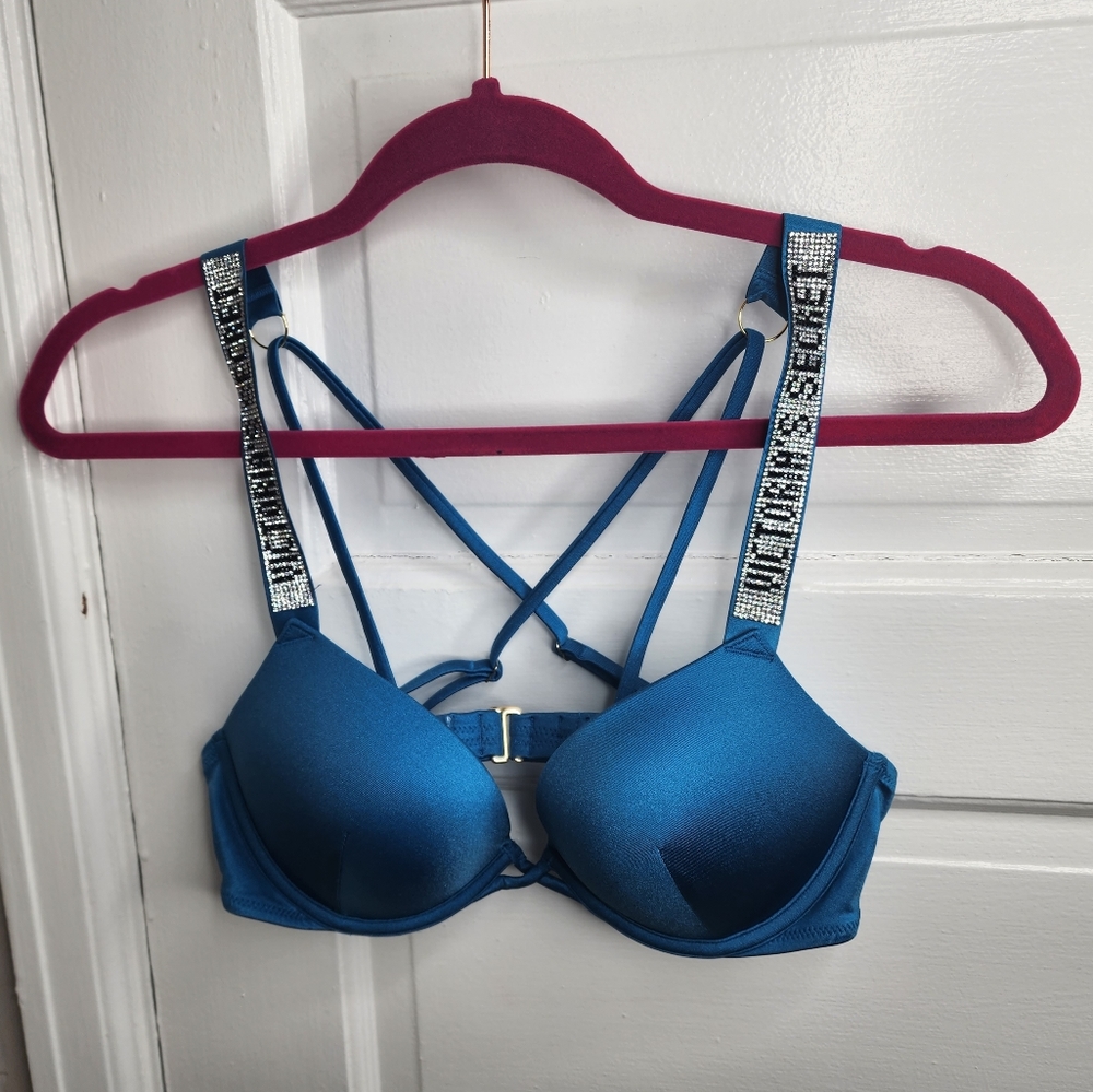 Victoria Secret Bombshell Push Up Bikini Top Shine Strap Teal Blue 34b Nwot
